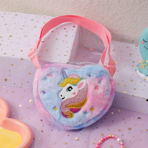 Detailed embroidery of unicorn on heart-shaped plush crossbody bag for girls