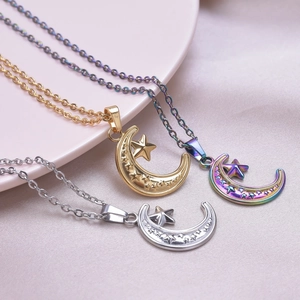 Star and moon pendant necklace set in gold, silver and rainbow stainless steel finishes