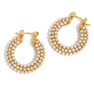 18K gold plated hoop earrings with micro-paved pearls and sparkling zircons for women