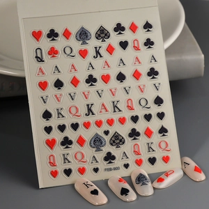 3D embossed poker themed nail art stickers featuring hearts and spades designs