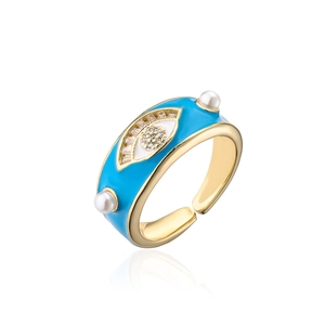 Detailed view of 18K gold evil eye ring with blue enamel, white pearls, and AAA zircon