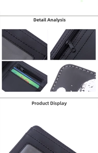 Detail view of the black leather wallet with card slots, ID window, and zipper coin pocket