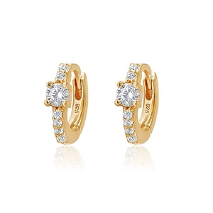 Detail of S925 sterling silver stamp on gold-plated hoop earrings with cubic zirconia