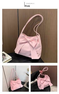 Detailed views of a pink tote bag featuring a large decorative bow and soft PU leather