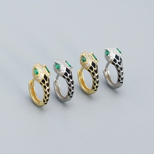 925 Sterling Silver Snake Hoop Earrings With Green Zircon And Black Enamel Animal Design Jewelry For Women