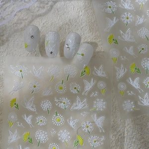 5D embossed dandelion and butterfly nail art stickers with white floral relief texture