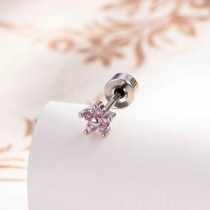 Minimalist silver flower stud earring with pink zircon and screw flat back closure