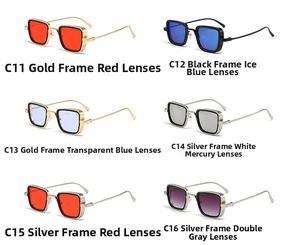 Detailed view of six vintage square metal frame sunglasses with steampunk industrial textures