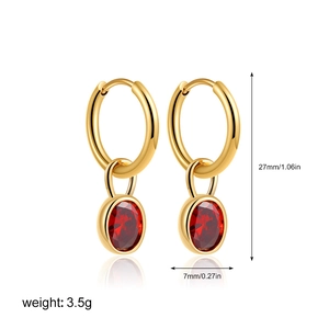 Detailed size chart showing 27mm length gold earrings with red oval gemstone charms