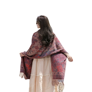Ethnic style embroidered shawl with tassels in deep brown and red colors for women
