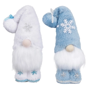 Detailed close-up showing soft plush texture of white and light blue Christmas gnomes dolls