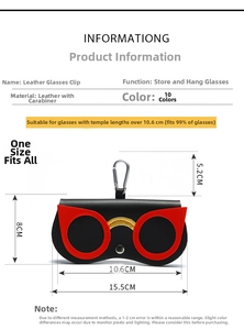 Étui à lunettes en cuir bicolore avec crochet en métal et dimensions détaillées