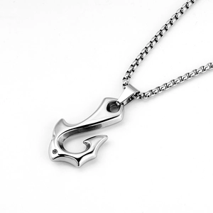 Silver stainless steel punk necklace with crystal-inlaid fishhook pendant on white background