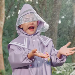 Purple waterproof kids raincoat with transparent hood visor and cute giraffe patch