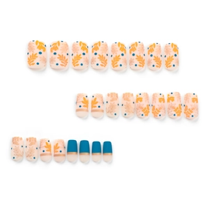 24pcs short square press-on nails with yellow leaves, blue dots and matte color block design
