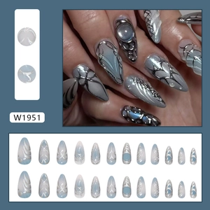 Cyberpunk 3D silver and blue liquid metal press on nails with heart patterns and cat eye finish