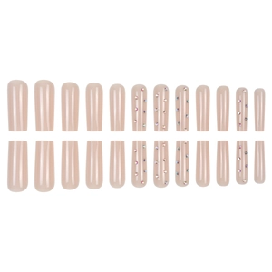 Set of 24 long square press-on nails in soft nude pink with sparkling rhinestone accents