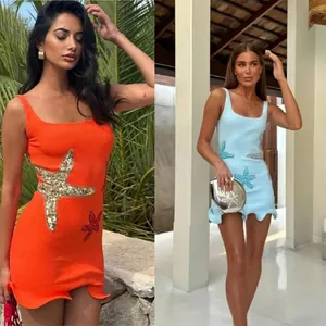 Sequin Starfish Embroidery Sleeveless Mini Dress Wavy Hem Summer Vacation Beach Party Solid Polyester Fashionable