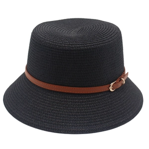 Classic black woven straw hat with brown leather band and metal buckle for sun protection