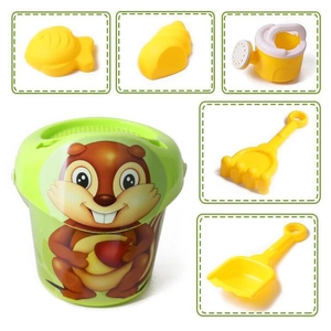 Detailed view of kids soft plastic beach bucket set with sand molds and watering can
