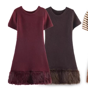 Elegant Short Sleeve Mini Dress With Faux Fur Trim Patchwork Round Neck Solid Color Polyester Fashionable Women Dress