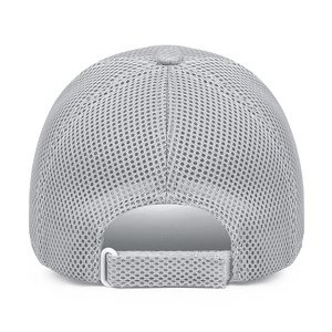 Breathable gray sandwich mesh baseball cap with adjustable hook and loop back closure