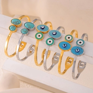 Bohemian Evil Eye titanium steel bracelets with turquoise inlay in gold and silver finish