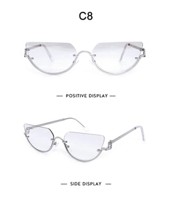 Front and side display of silver metal cat-eye rimless sunglasses with clear lenses