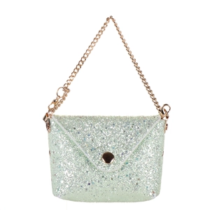 Close-up of light green glitter mini bag with gold chain strap and metal buckle