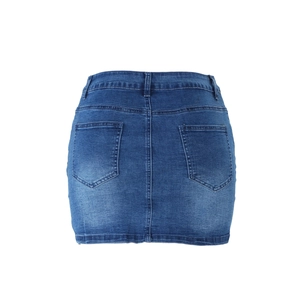 Rear view of a blue denim mini skirt with classic wash and two back pockets on white background