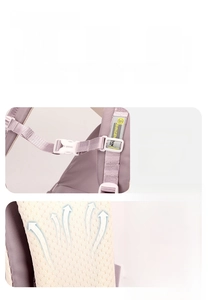 Detail of ergonomic purple backpack with suitcase strap, chest buckle and mesh straps