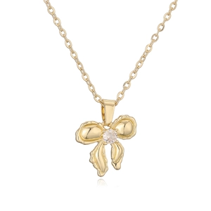 Elegant 18K gold plated bow pendant necklace with liquid metal texture and zircon stone
