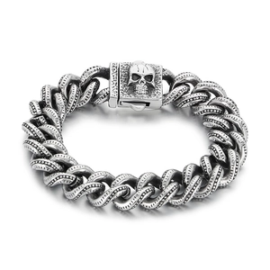 Punk rock skull square buckle cuban chain bracelet in vintage stainless steel finish