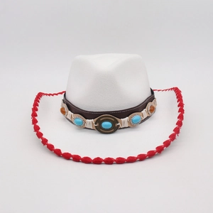 White felt western cowboy hat with red trim and ethnic beaded leather band detail