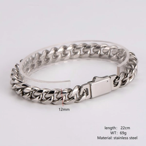 Classic 12mm silver stainless steel Cuban link bracelet for men with 22cm length