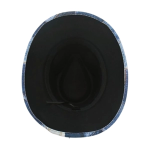 Internal view of jazz hat showing black lining and adjustable drawstring detail