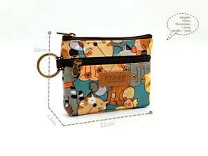 Vista dettagliata del portamonete con stampa gatto e zip, misura 12x10x1,5cm