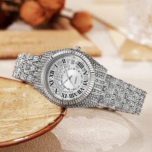 Silver-toned women's quartz watch with full iced-out rhinestones and Roman dial