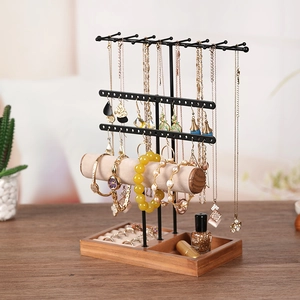 Jewelry Display Stand With Metal Hooks Wood Base And Velvet Bar For Necklace Earring Bracelet Watch Ring Storage Organizer