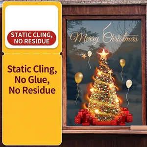 Golden Christmas tree and gift boxes static cling window sticker for holiday glass decoration