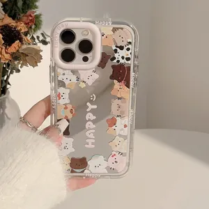 Cute Cartoon Cat Mirror Phone Case Transparent Acrylic Shockproof Protective Cover With Beaded Lanyard Charm Ins Style