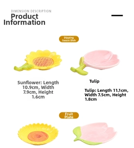 Size chart for sunflower and tulip ceramic snack plates with dimensions and specifications