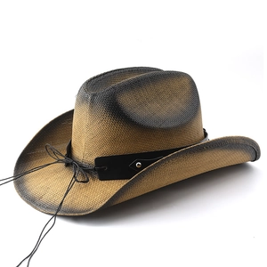 Chapeau de cowboy en paille tressée avec large bord et bande en cuir style vintage