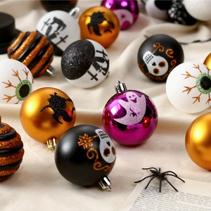 Set of 16 painted Halloween decorative balls with ghosts and skeletons for party hanging
