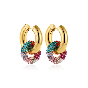 18K gold plated stainless steel double hoop earrings with rainbow crystal pavé setting