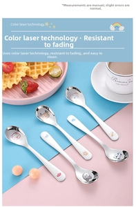 Detailed set of 5 stainless steel toddler spoons with laser-etched cartoon animal motifs