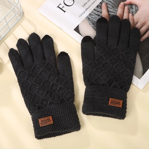 Black touchscreen knit gloves for men with textured diamond pattern and winter thermal cuff