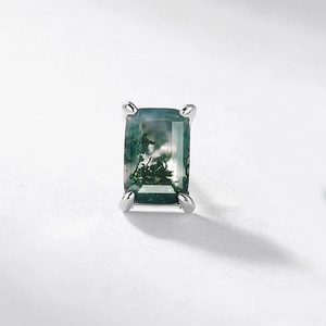 Macro shot of rectangular green moss agate stud earring in S925 sterling silver setting
