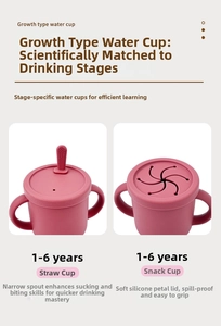 Dual-function baby silicone cup with straw and petal-shaped snack lid in rose red