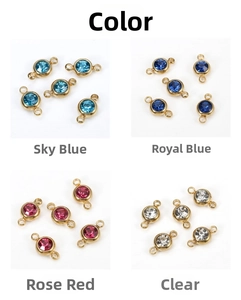 Macro detail of round crystal birthstone connectors in four colors for DIY jewelry making